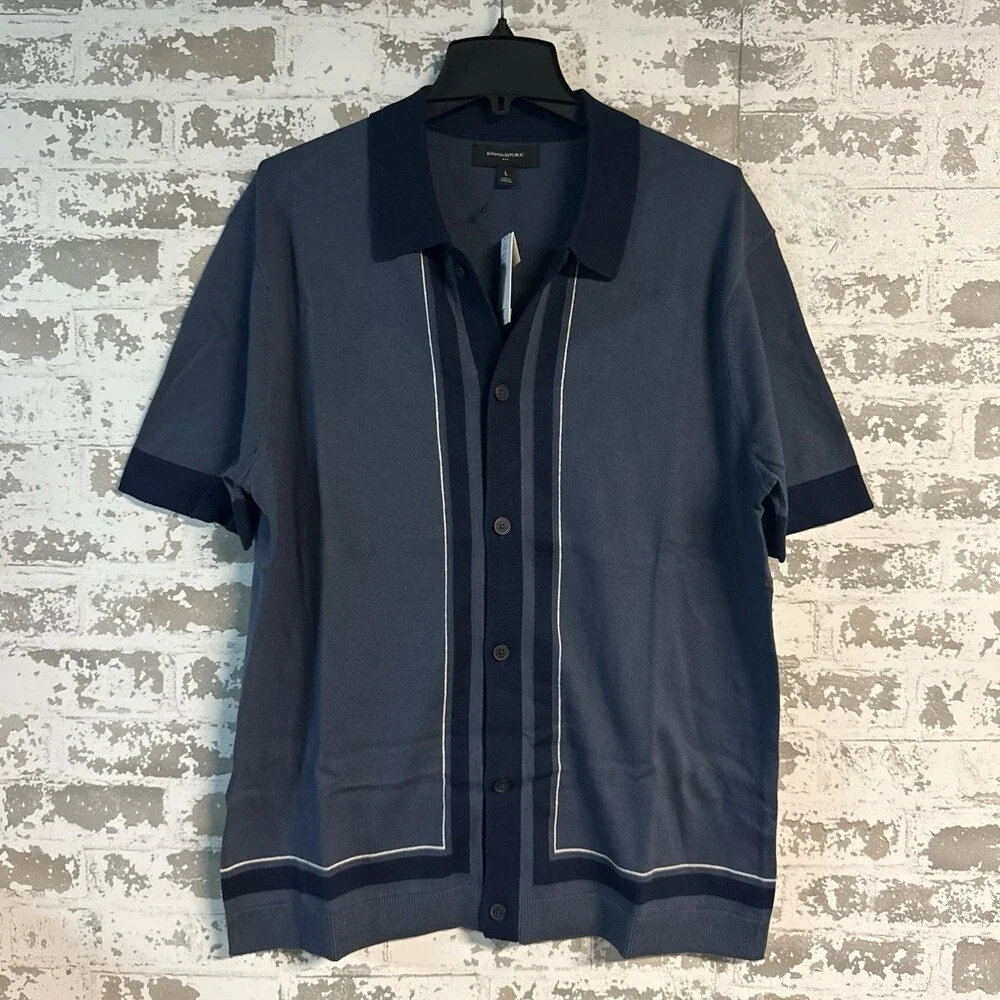 NEW Banana Republic Border Stripe Short Sleeve Button Down Navy Large